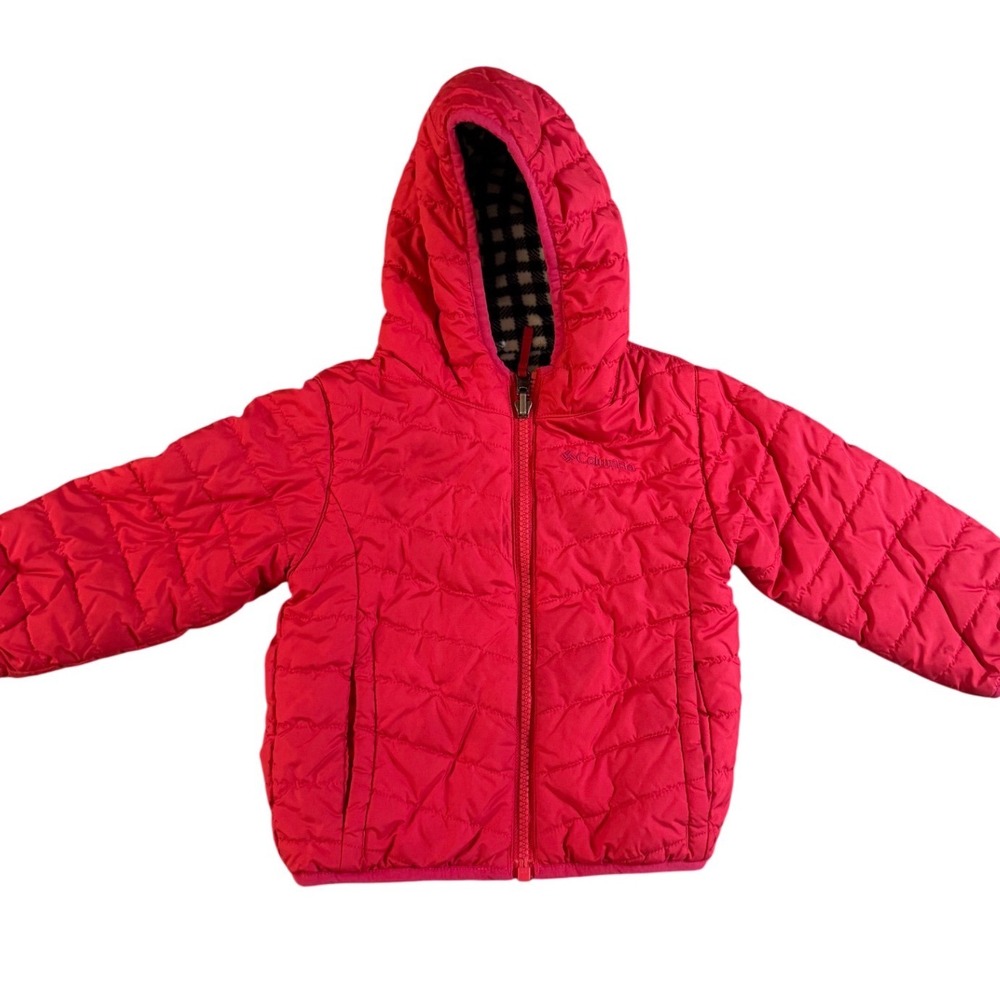 Columbia Toddler 2T Reversible Hooded Jacket Pink Quilted Fleece Gingham Check